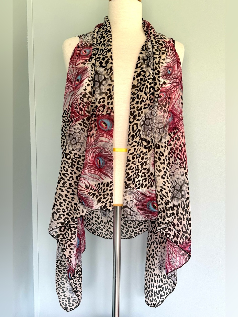 Fun Multicolored Leopard & Peacock Print scarf vest or sleeveless Kimono